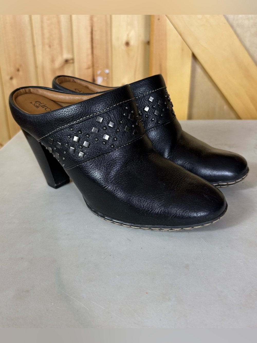EuroSoft Black Leather Mule Clogs Heels Studded Comfort Shoes Women’s 8 witchy